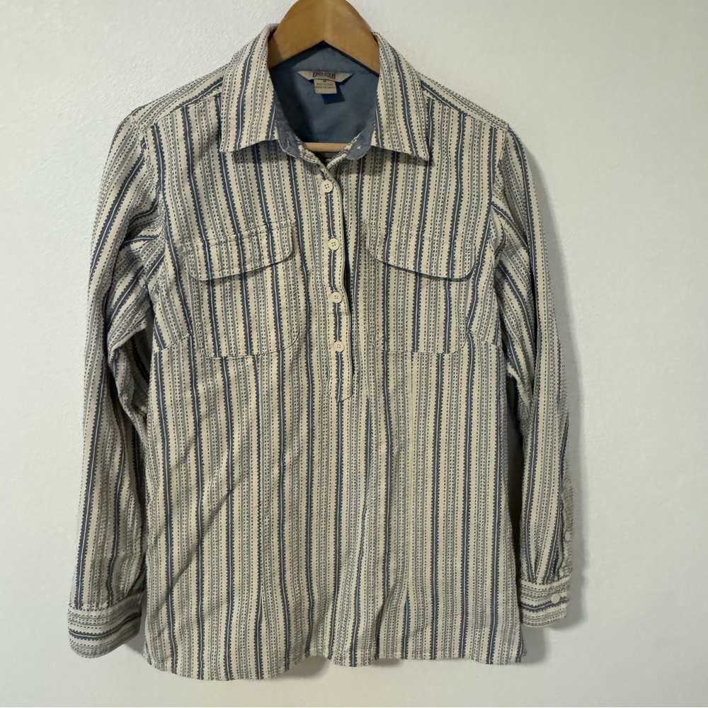 Duluth Trading Embroidered Textured Stripe Popover Shirts Blue White Cotton-M